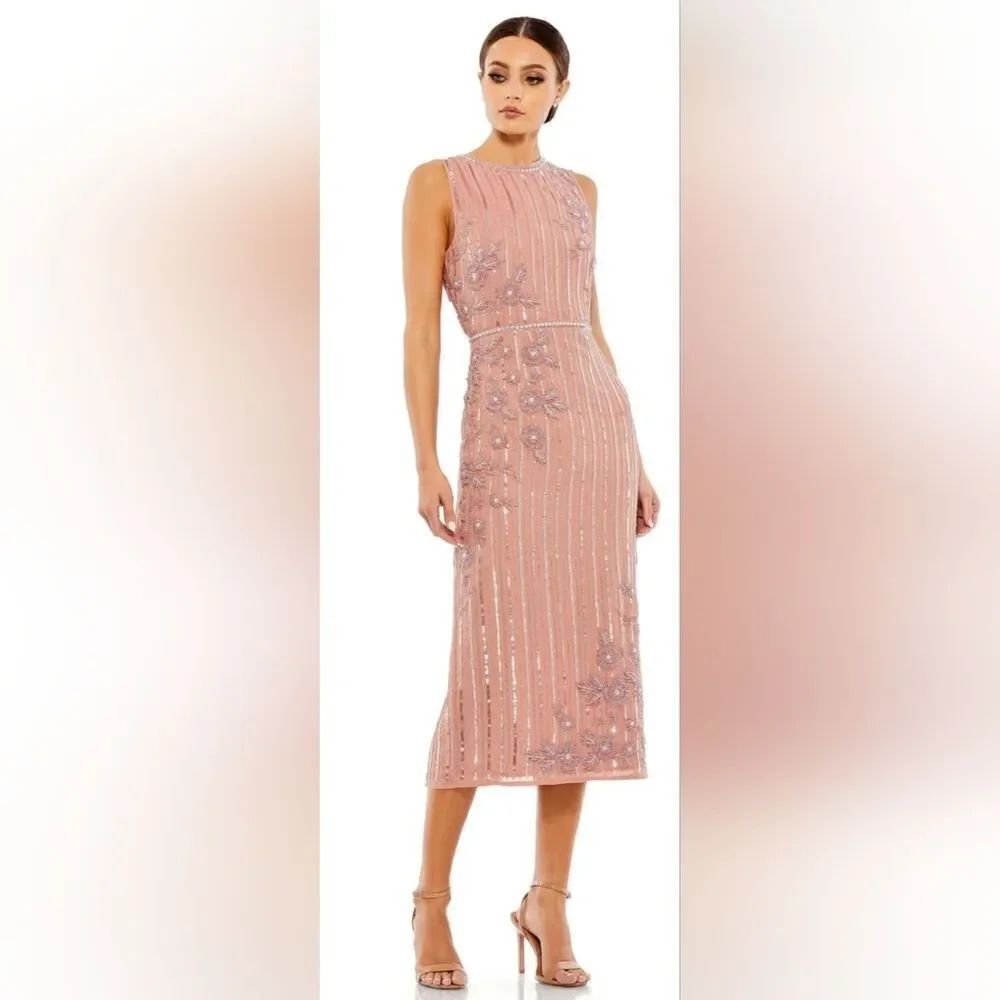 Mac Duggal STRIPED FLORAL EMBELLISHED MIDI DRESS NWOT size 14 Rose Pink (70260)